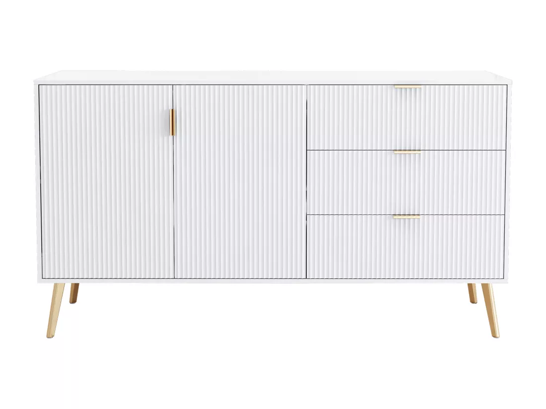 Buffet avec pieds et poignées dorés,commode, laqué,coins arrondis,,7 compartiments, 140Wx40Dx78H cm, blanc