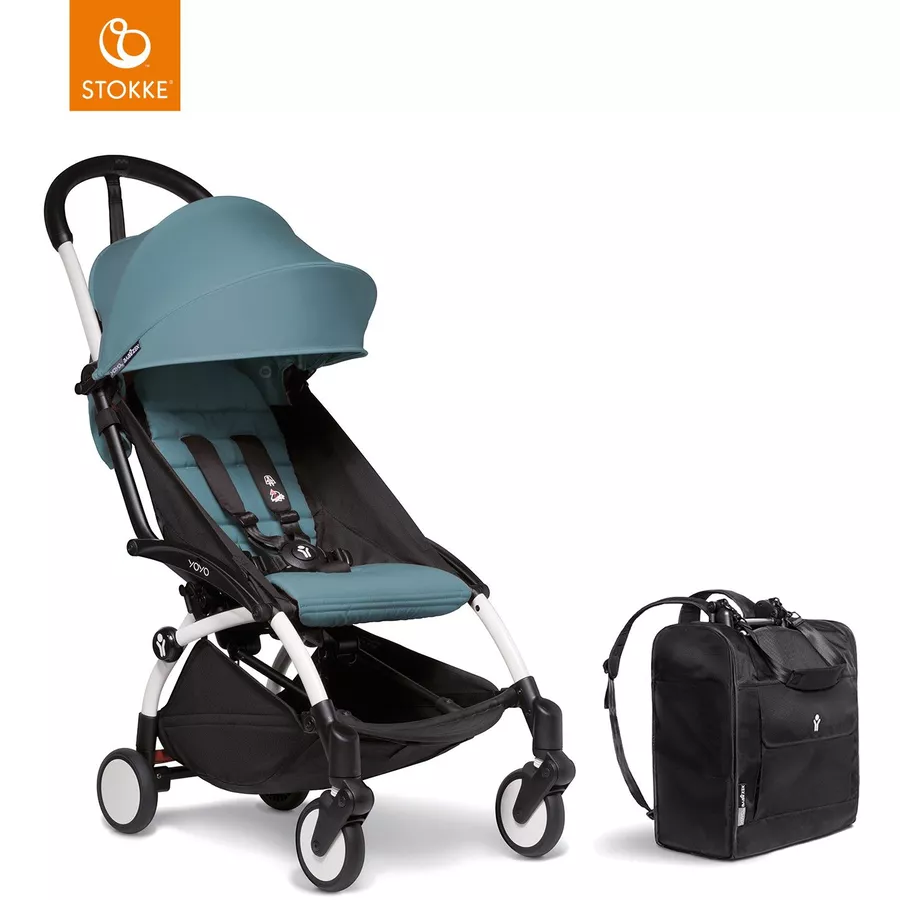 BABYZEN Kinderwagen YOYO2 6+ White mit Textilset Aqua und Backpack YOYO Black