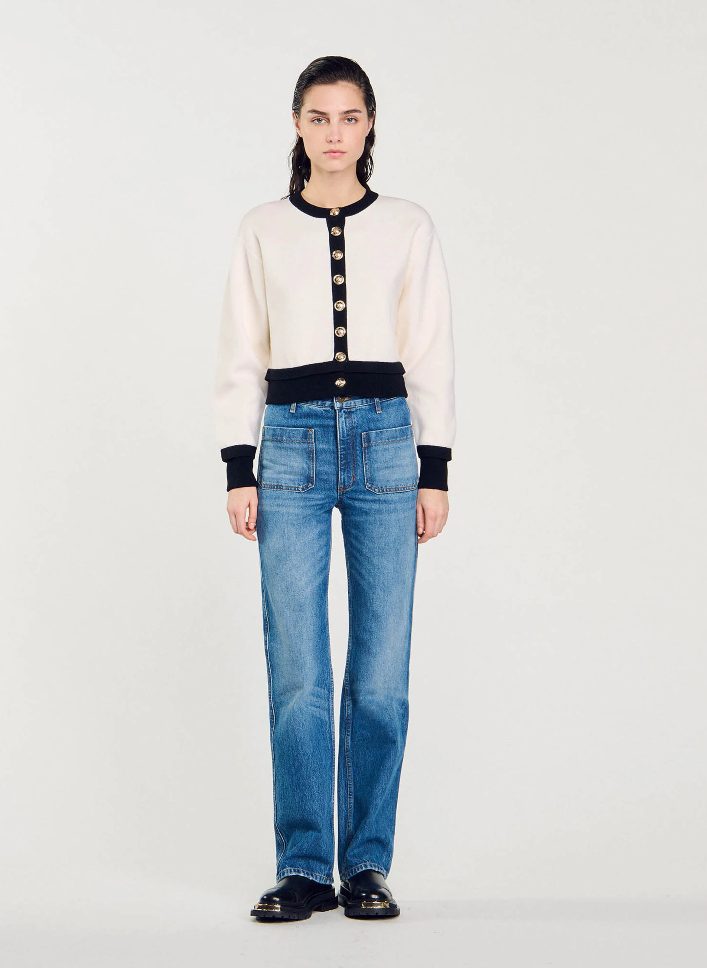 Cardigan droit col rond en laine mélangée | Multicolore