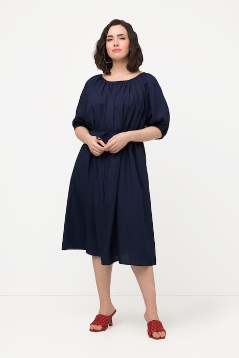 Midikleid, Bindegürtel, Rundhals, Ballon-Halbarm