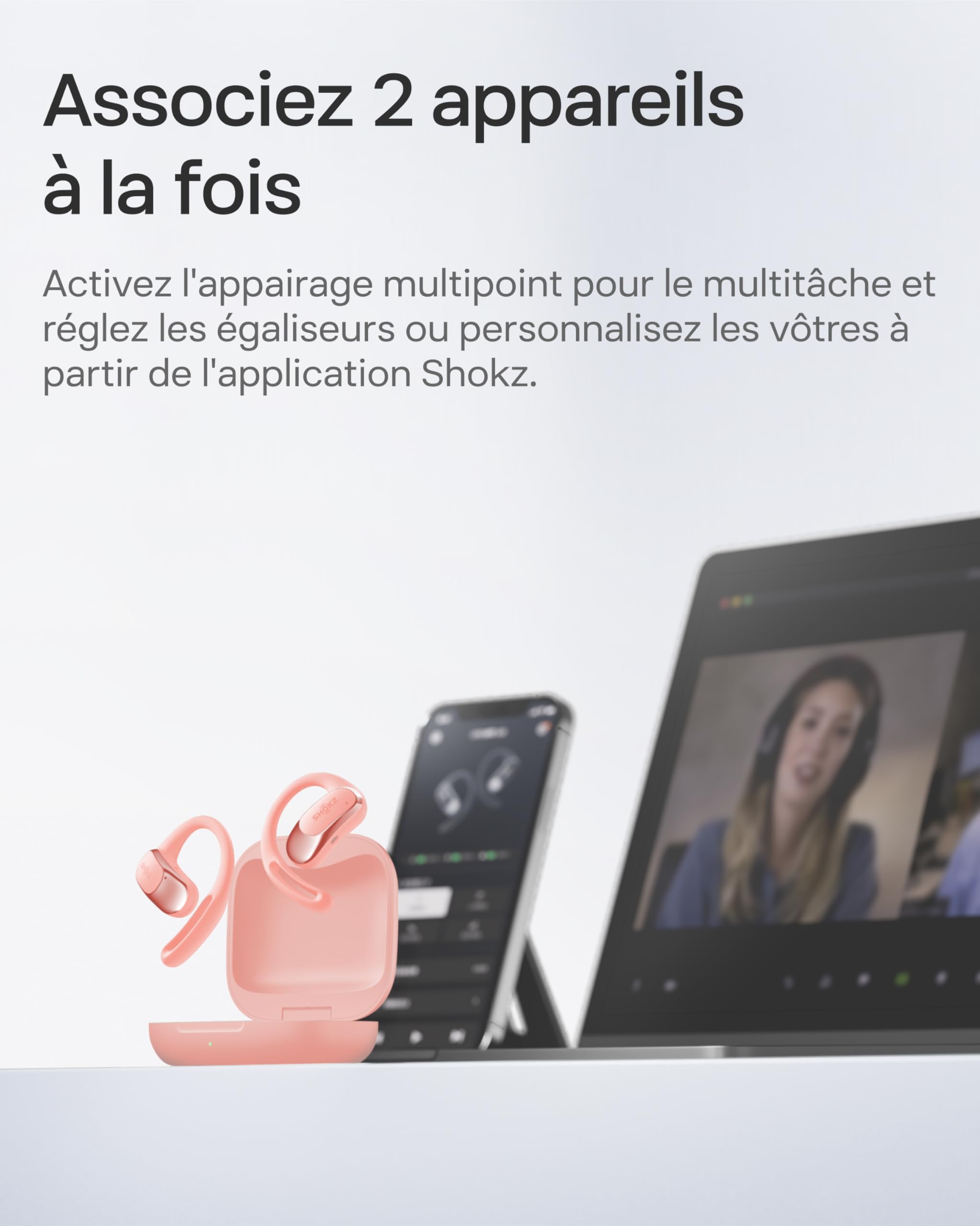 SHOKZ Écouteurs à Oreilles Libres OpenFit Air, Casque Bluetooth sans Fil avec Microphone, écouteurs avec Crochet d’oreille Air, Charge Rapide, 28 h d’autonomie, étanchéité IP54 pour Le Sport – Rose