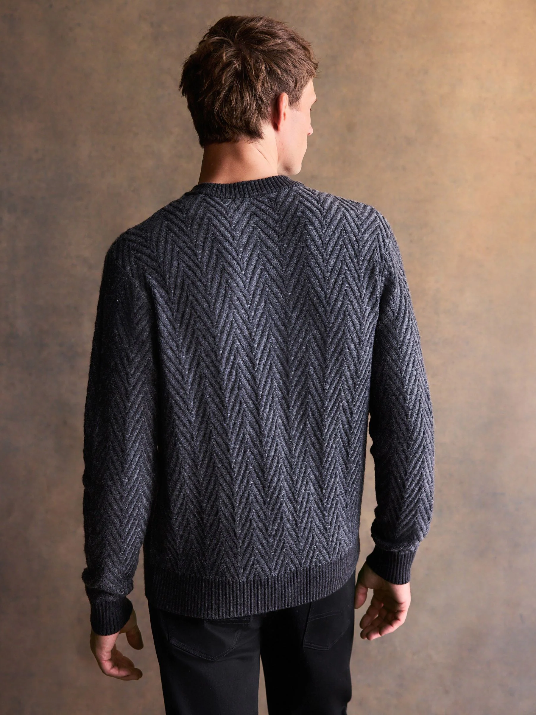 Antraciet - Regular Fit Herringbone Pattern Crew Jumper