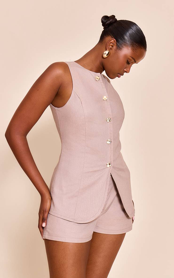 Taupe Gilet Texturé Coordonné Avec Finition Boutons Dorés