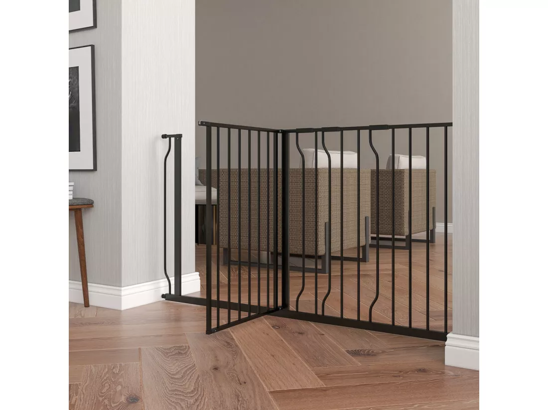 Barrière de sécurité animaux - longueur réglable dim. 75-145 cm - porte double verrouillage, ouverture double sens -sans perçage - acier ABS noir
