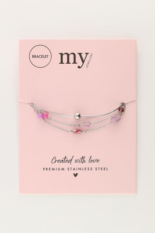 Driedubbele armband met roze en paarse kraaltjes