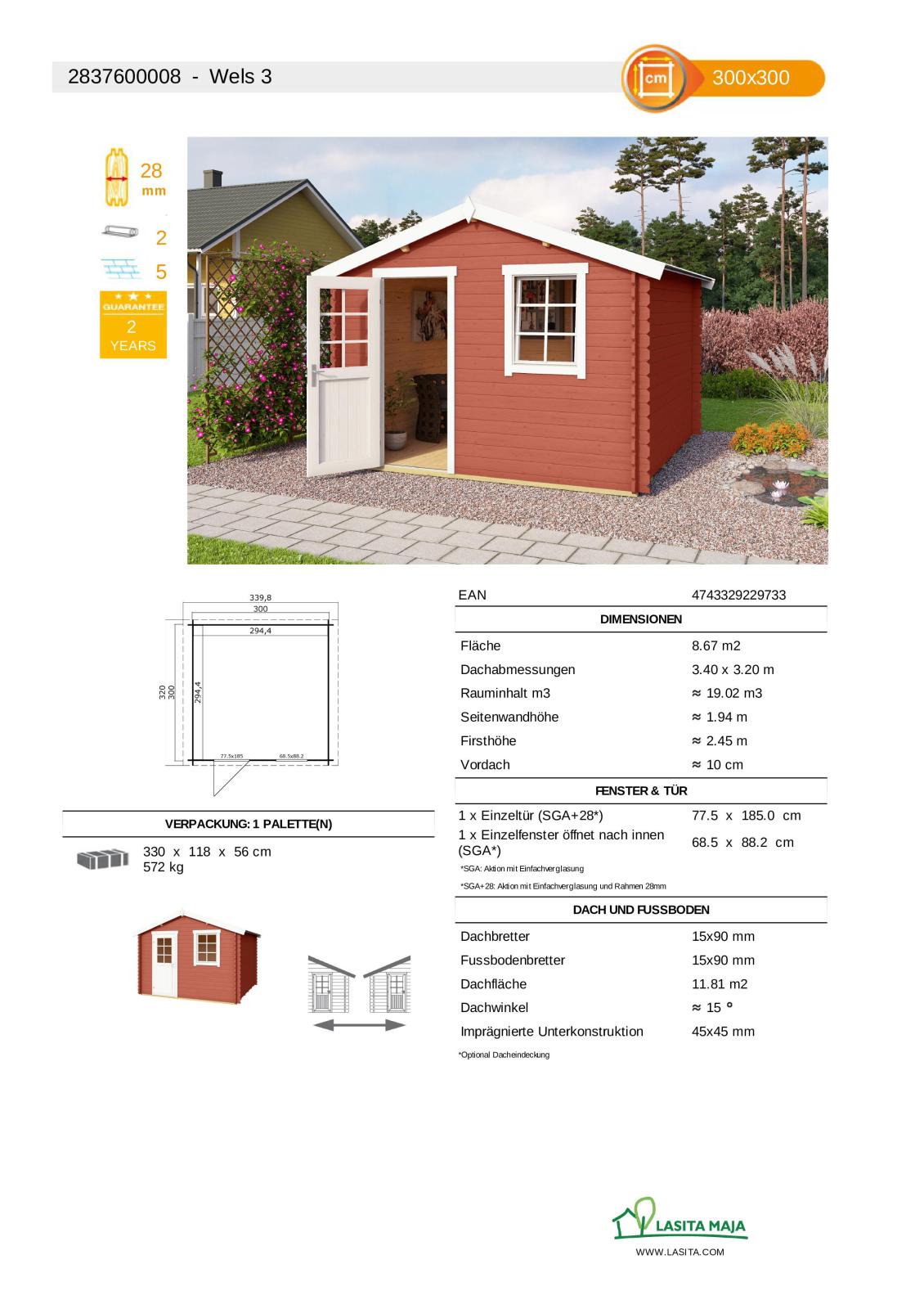 Gartenhaus WELS 3 - schwedenrot - Fichte massiv - 300x300 cm