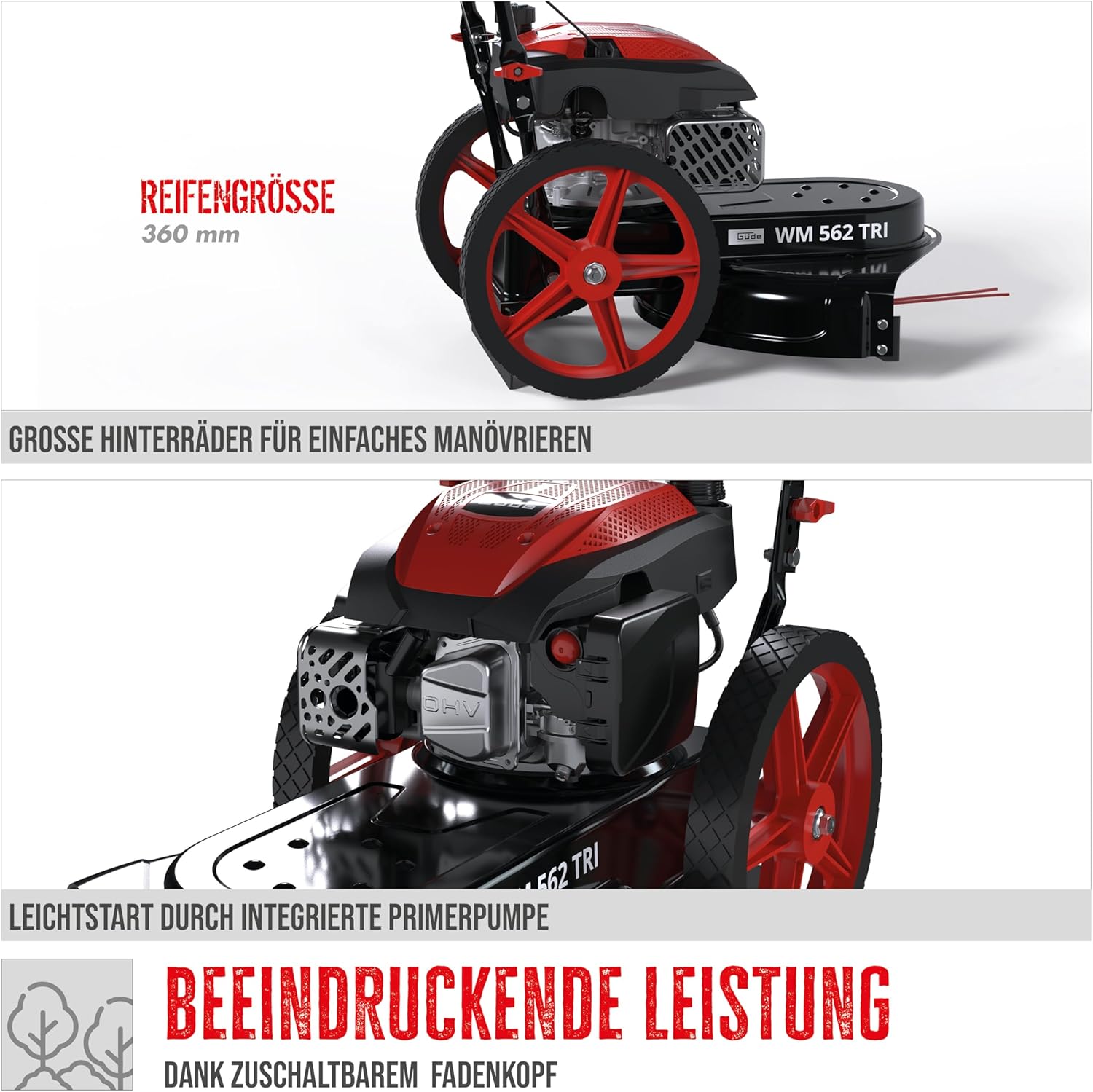Güde Wiesenmäher WM 562 TRI (4-Takt Power-Engine Motor 3,0/4,0 (kW/PS), 170 cm³ Hubraum, Schnittbreite 56 cm, Schnitthöhe 35-95 mm, 4 mm Doppelfaden, höhenverstb. Fahrbügel, inkl. 4 Ersatzfäden)
