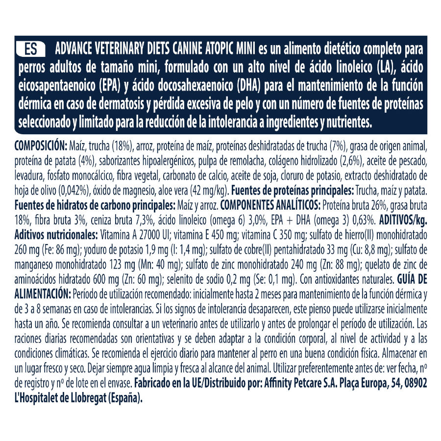 1,5 kg de ração Advance Veterinary Diets Mini Atopic para cães