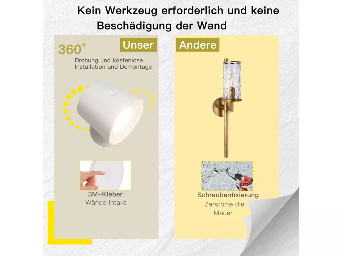 NETTLIFE Applique murale intérieure sans alimentation électrique : Lampe murale LED avec interrupteur eBlanc Sans fil Eclairage mural Touch Variable