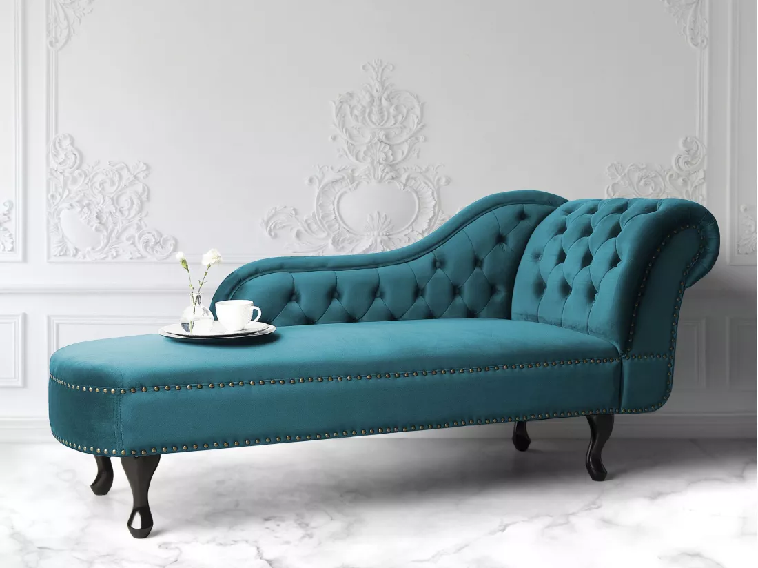 Méridienne Chesterfield en velours vert canard côté droit NIMES