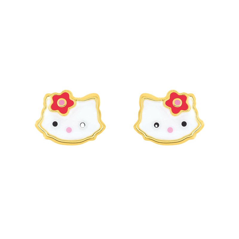 Boucles d'oreilles clou enfant - Or 9 Carats - Chat - Largeur : 8mm - Hauteur : 6mm