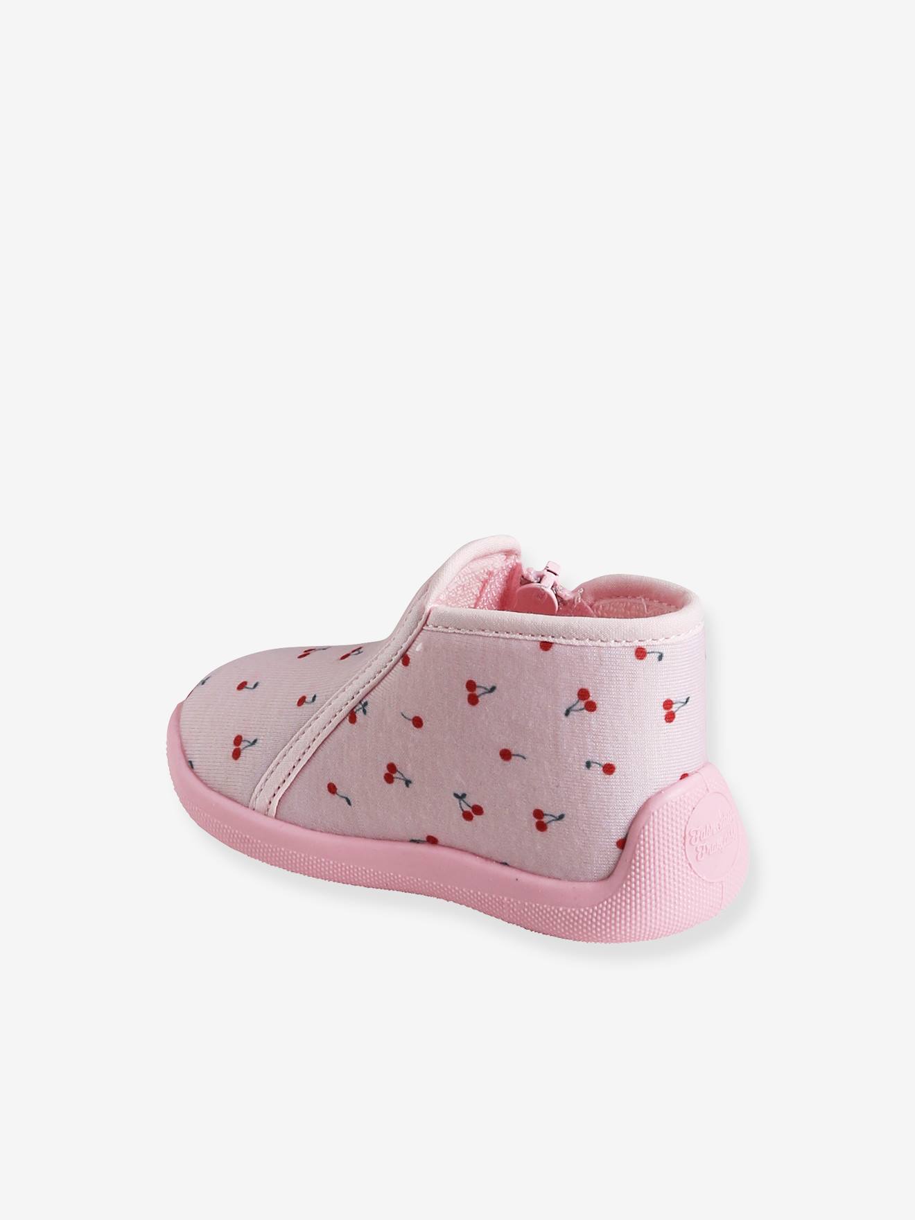 Pantufas de casa rosa para bebê com zíper, fabricadas na França.