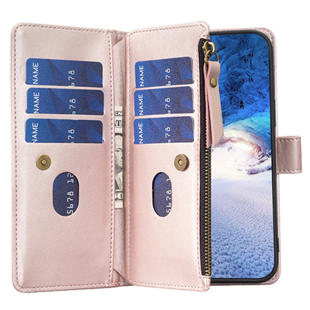 iPhone 15 Pro Max Leder Wallet Etui Tasche mit 9 Kartenfächern   Münzfach - Roségold