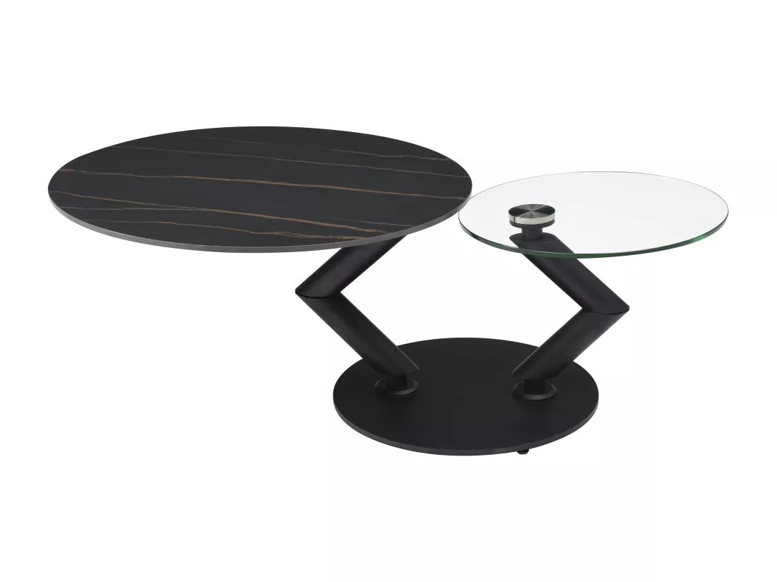 Table basse avec plateaux pivotants en céramique, verre trempé et métal - Effet marbre noir - ELDOVA
