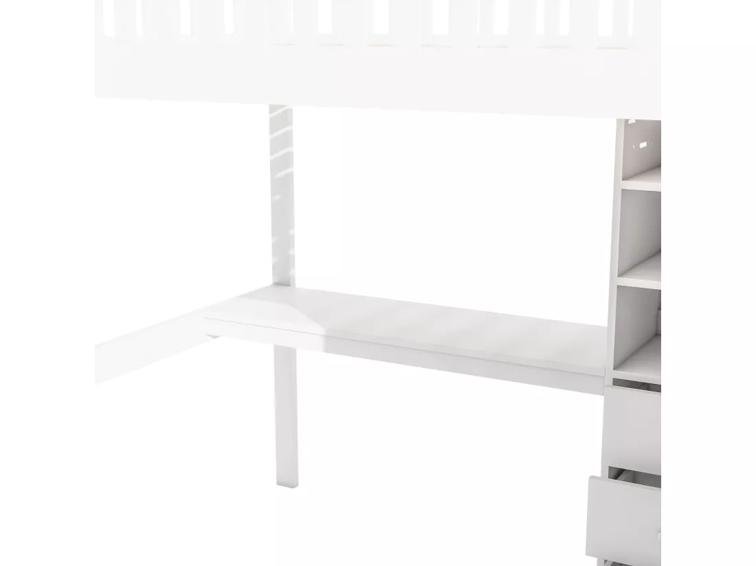 Lit mezzanine 140x200 cm en bois - avec bureau & penderie - Blanc