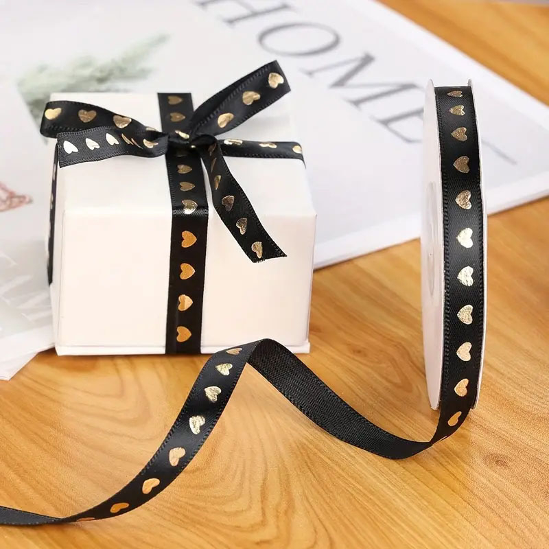 (1cmx35m) Geschenkband Satin Deko Band mit Herz Print - Schwarz