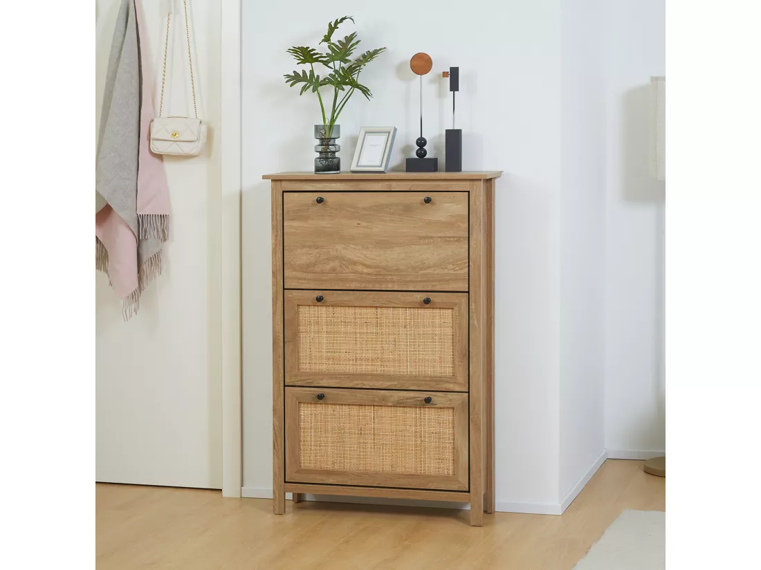 Meuble à chaussures 3 portes abattants dim. 80L x 23,5L x 121,5H cm aspect bois effet cannage rotin