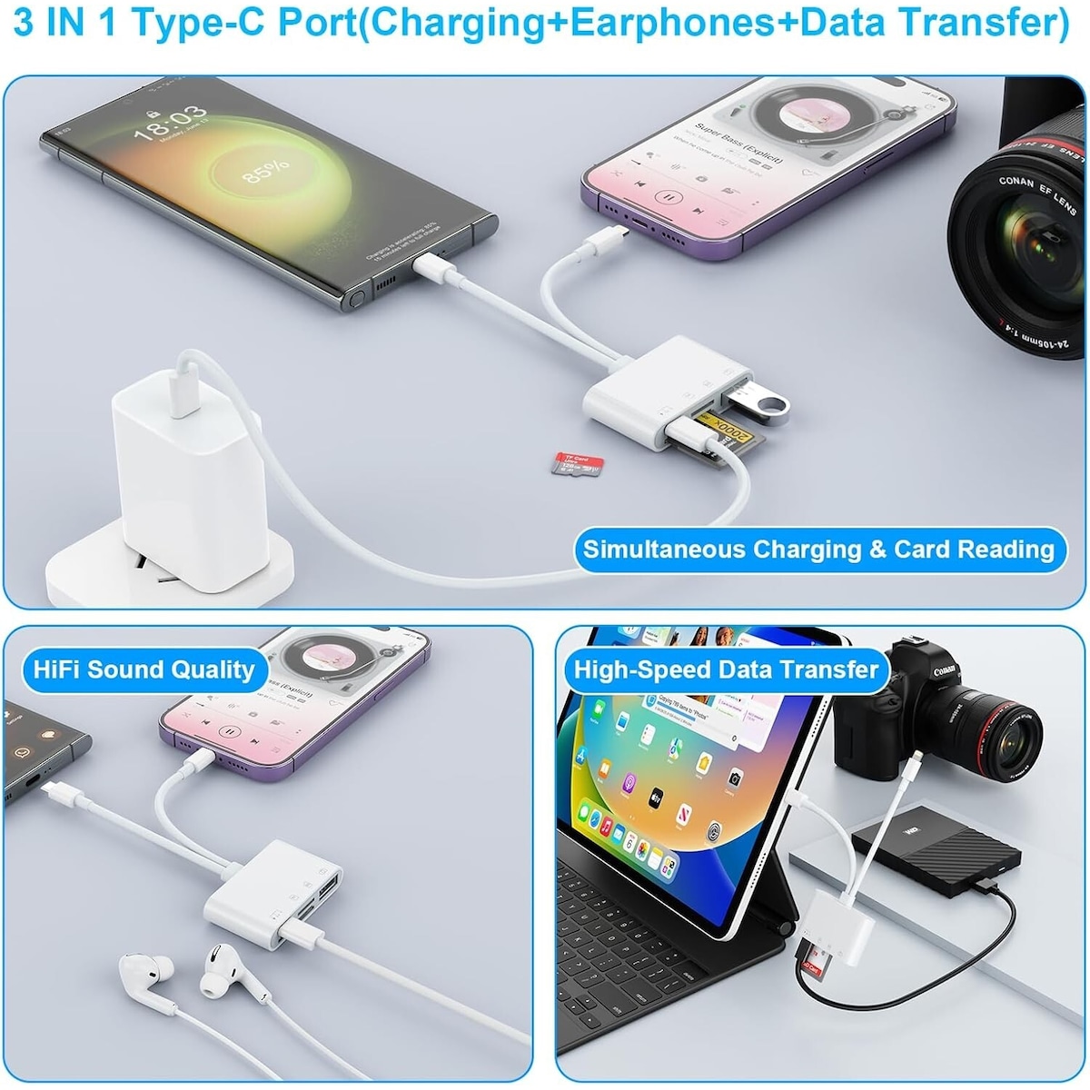 NÖRDIC USB-C, Lightning-kortleser 2 spor SD, MicroSD 1xUSB-A, 1xUSB-C UHS-I
