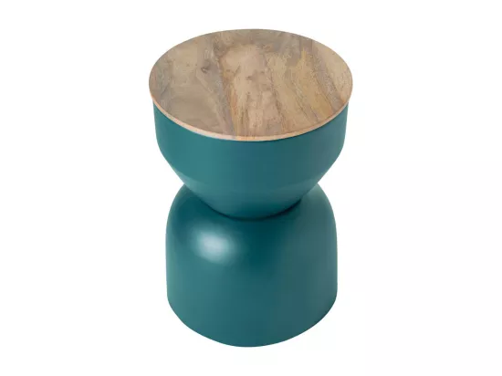Table d'appoint ronde design avec rangement en métal bleu canard et bois manguier massif D30 cm YOYO