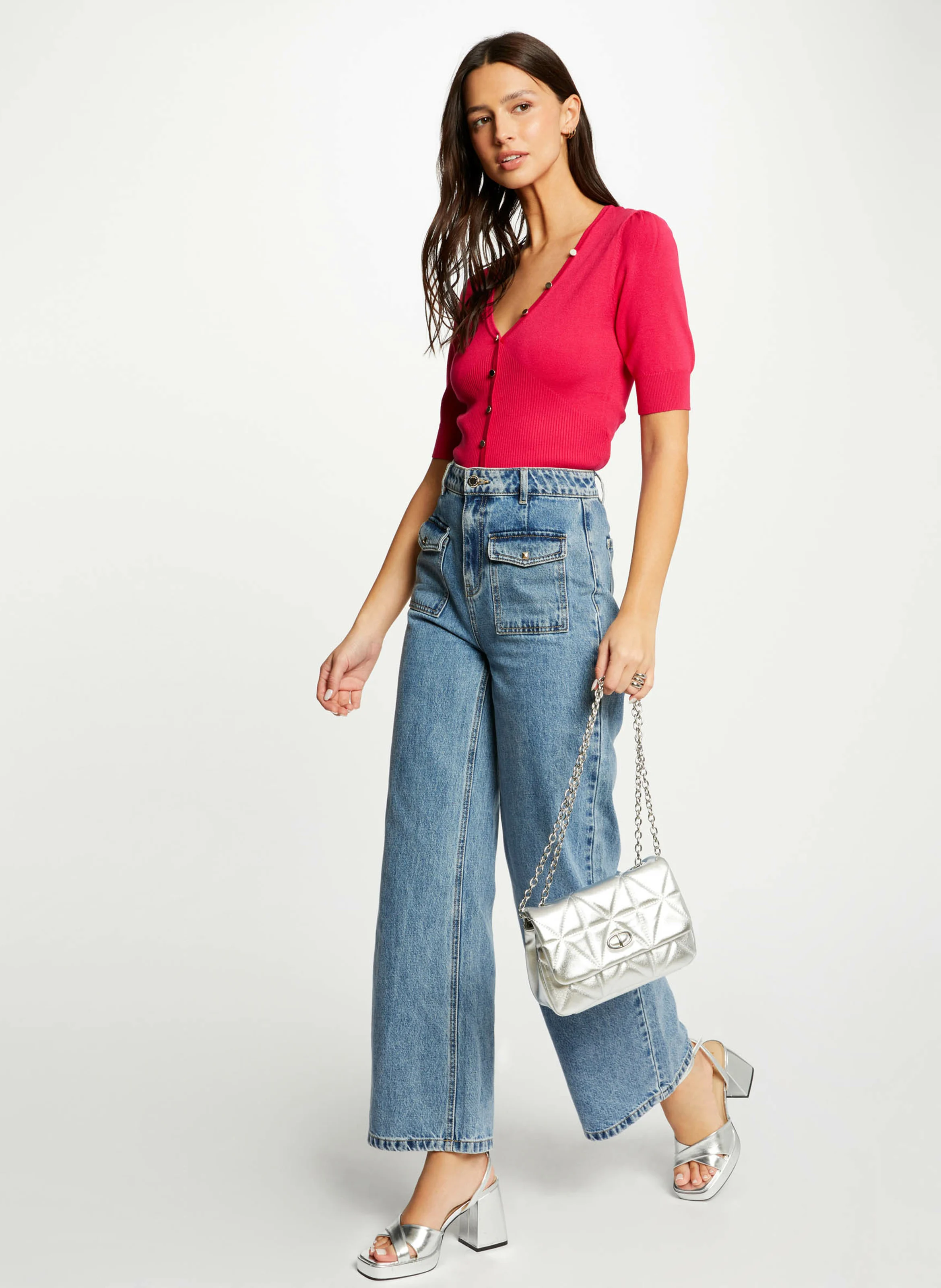 MANIHI - Pull ajusté manches courtes boutonné | Rose
