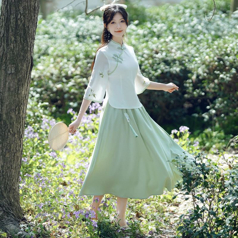 Petit Lace - Hanfu-top met 3/4-mouwen en bloemenborduursel / Maxi-A-lijn rok met hoge taille en bloemenprint / Set