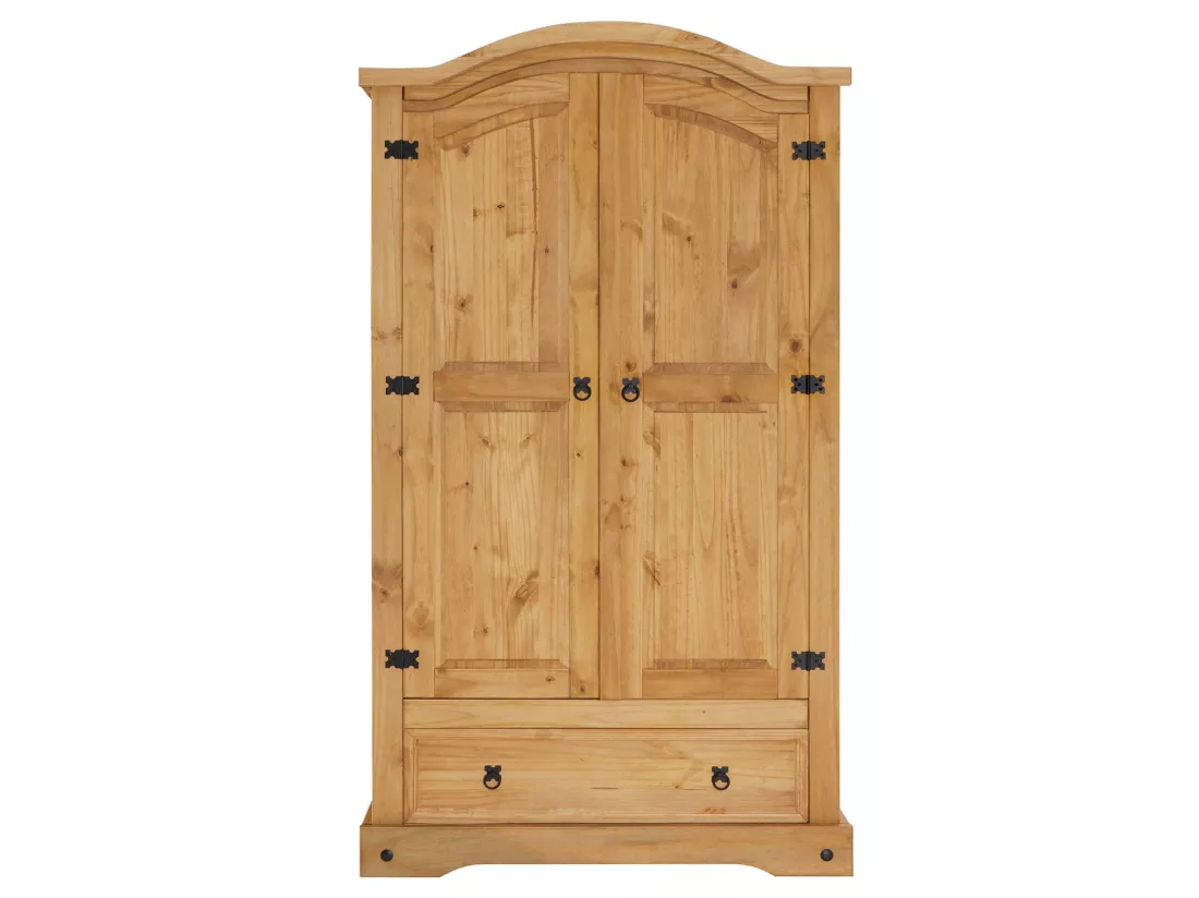Armoire SALSA penderie pour vêtements style mexicain avec 2 portes 1 étagère 1 tiroir, en pin massif finition teintée/cirée