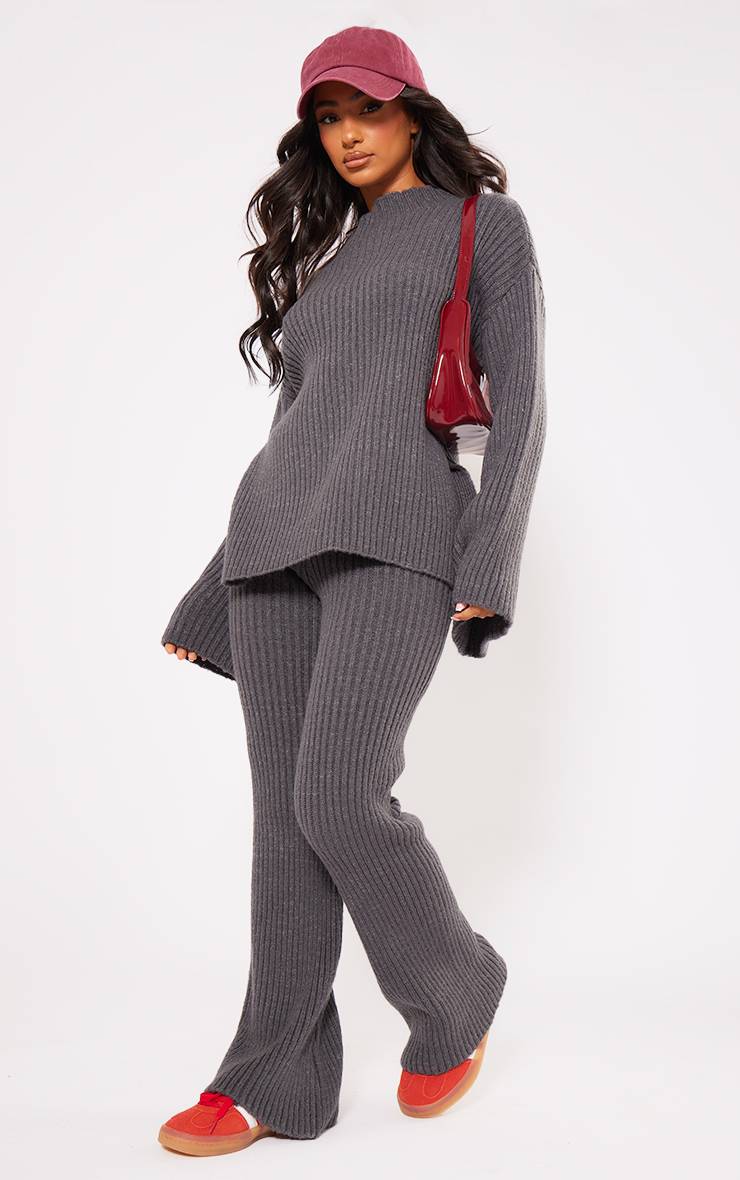 Charbon Pantalon Petite Large En Maille Côtelée