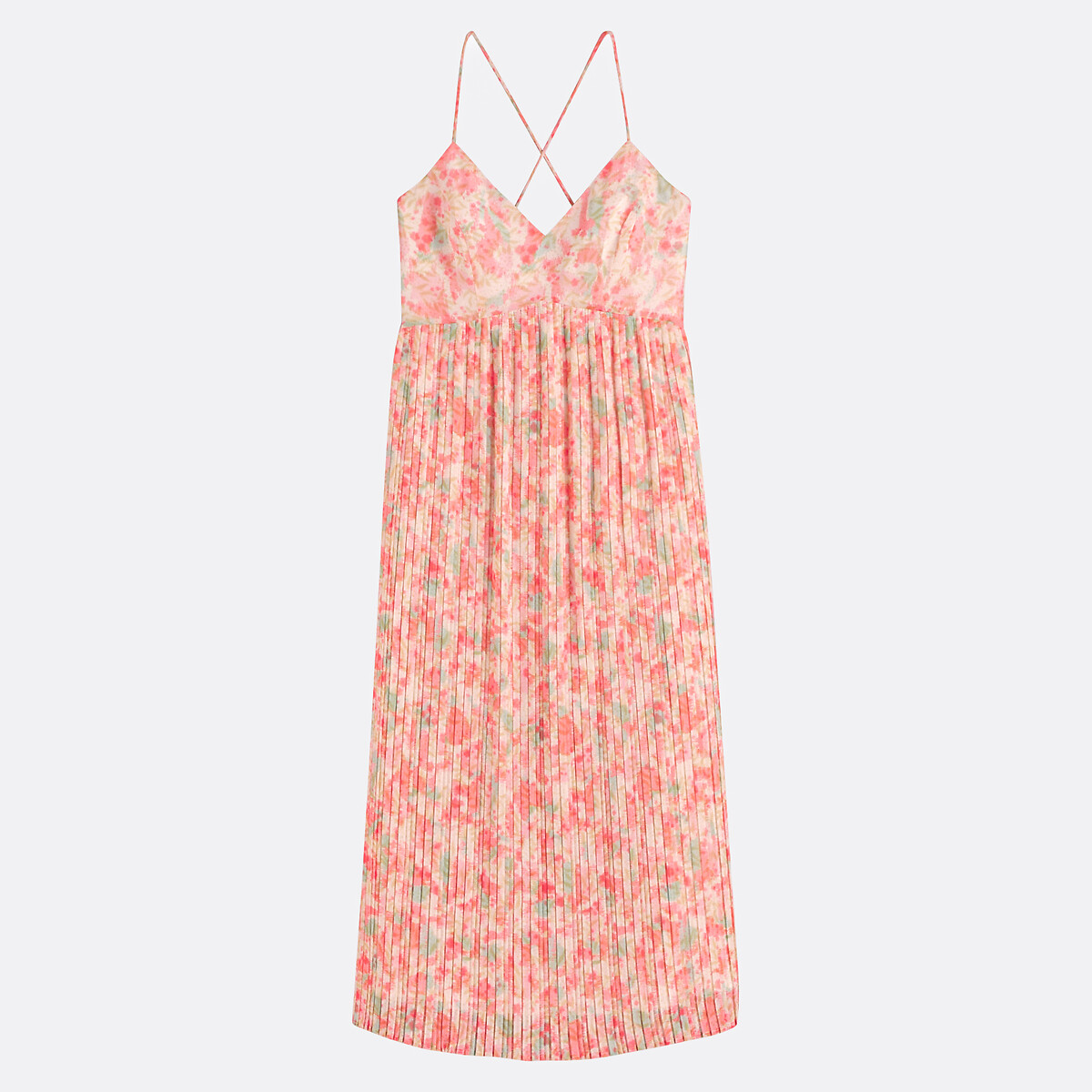 COLEÇÕES LA REDOUTE<br>Vestido longo com pregas, alças delicadas e estampa floral