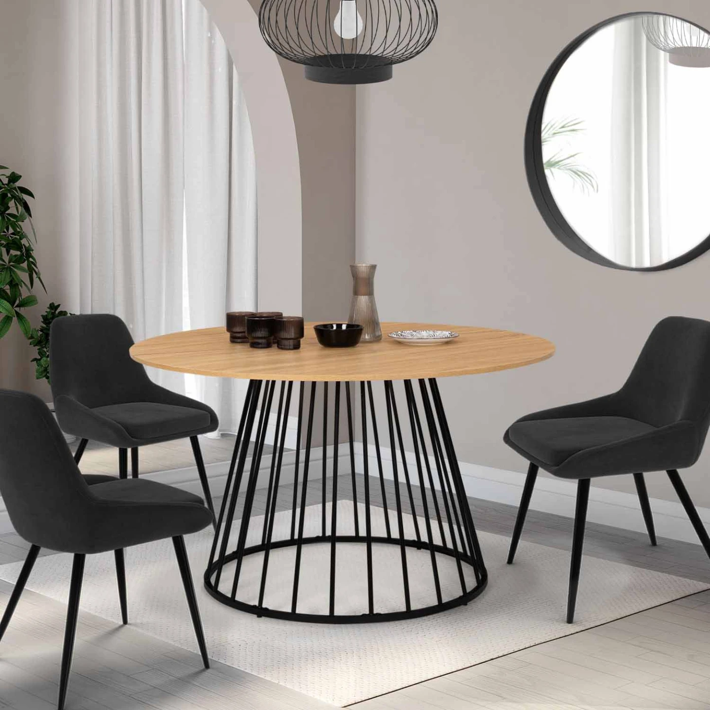 Table à manger ronde YUNA 6 personnes plateau bois et pied filaire en métal noir 110 cm