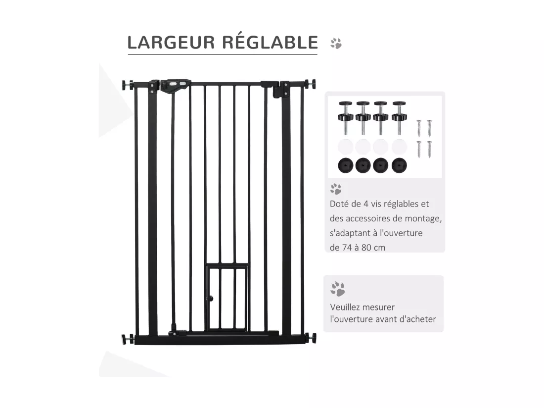 Barrière de sécurité animaux - longueur réglable dim. 74-80 cm - porte double verrouillage, ouverture double sens, petite porte -sans perçage - acier plastique noir