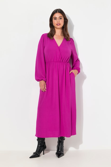 Midikleid, Wickeloptik, A-Linie, V-Ausschnitt, Langarm