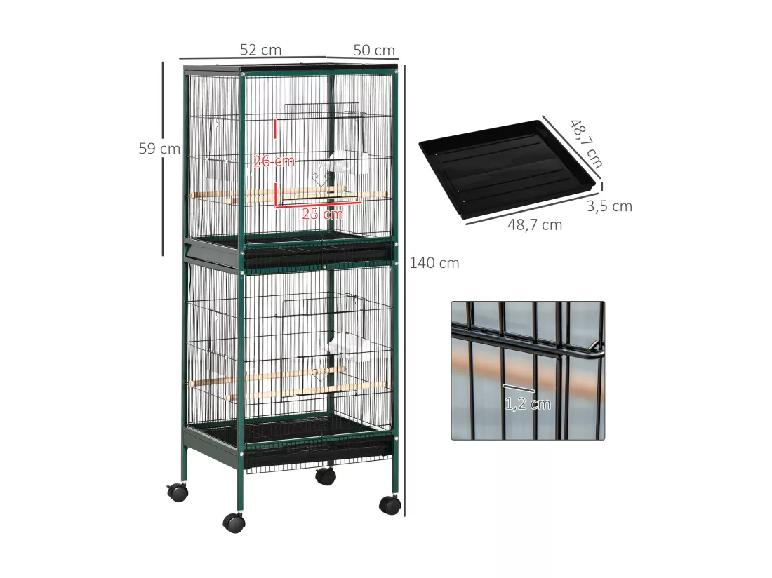 Grande cage à oiseaux sur pied à roulettes - volière double, mangeoires, perchoirs, plateau amovible - vert noir