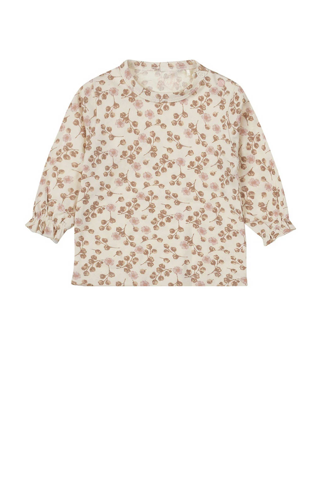 Dirkje baby longsleeve met all over print en ruches lichtbruin/roze/ecru