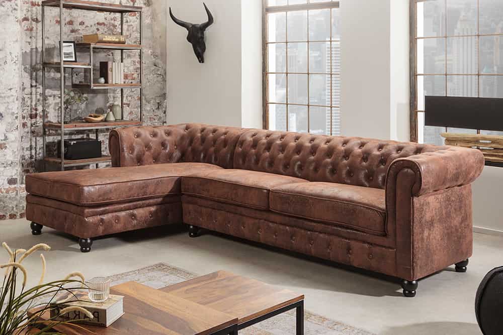 Design Ecksofa CHESTERFIELD 270cm antik braun Microfaser Federkern Ottomane links Vintage