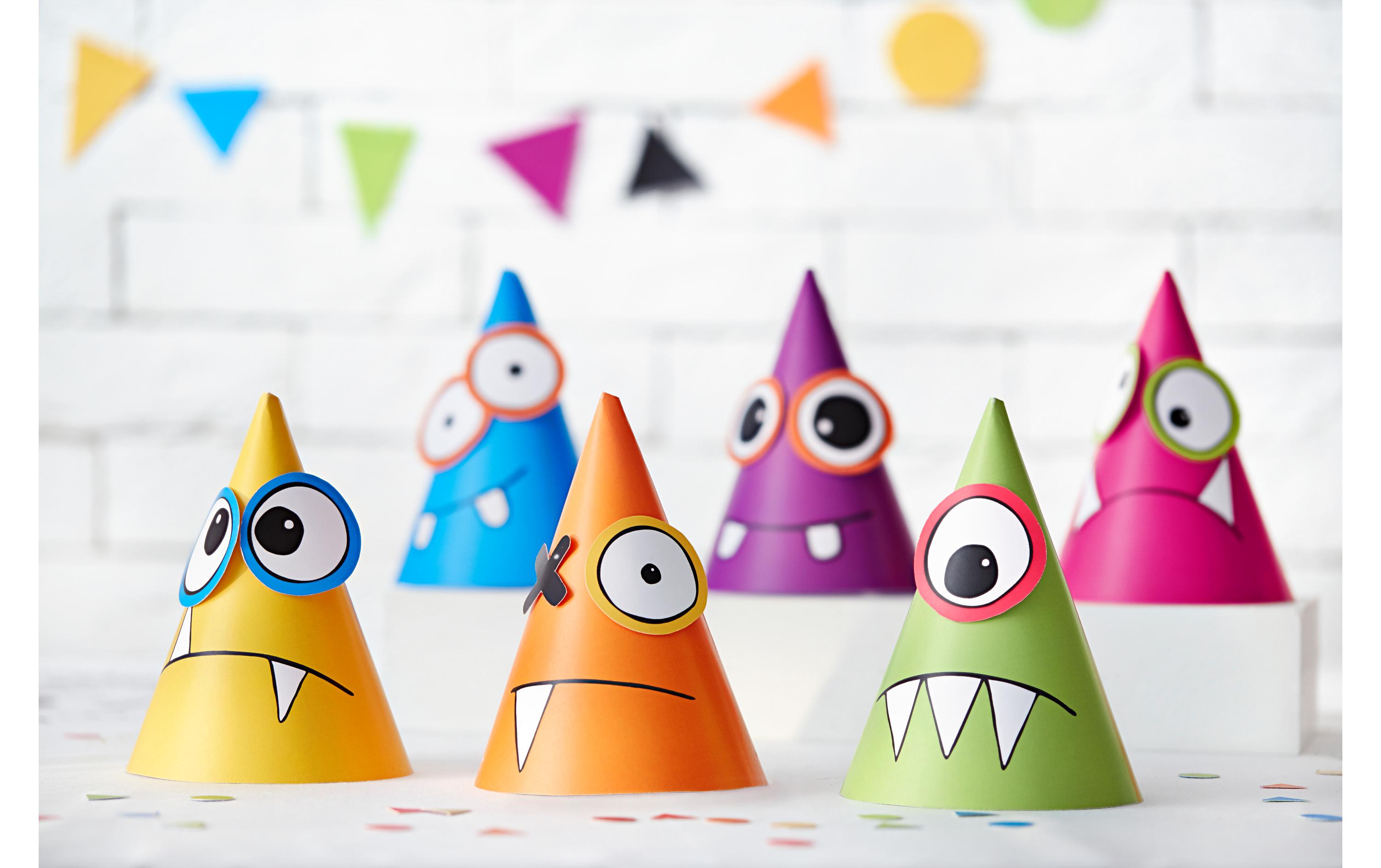 Partyhüte Monster Mehrfarbig, 16 x 10 cm, 6 StückMotivmix zum Selbstaufbau