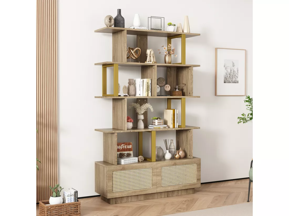 Bibliothèque avec 2 portes en rotin et étagères ouvertes - 105 x 31,7 x 160 cm - Panneaux de particules et métal - Chêne