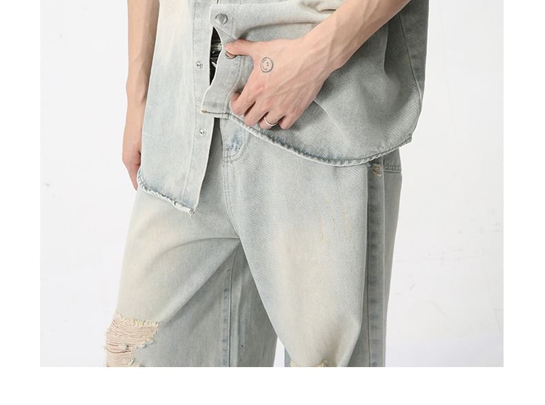 FAERIS - Gewassen denim overhemd met korte mouwen en kraag / Jeans met wijde pijpen en middelhoge taille