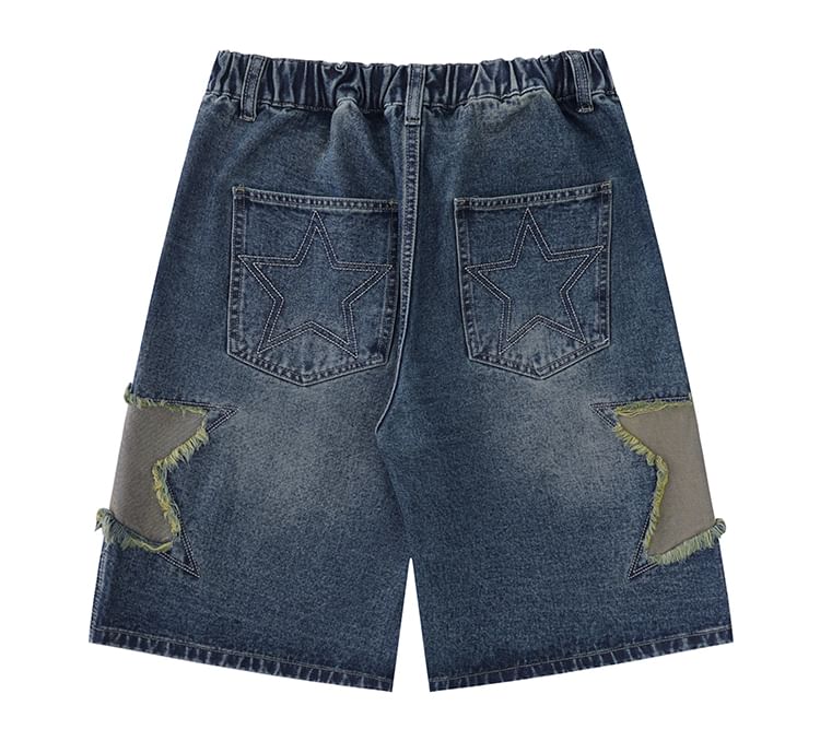 CHIC ERRO - Middelhoge denim shorts met geborduurde patchwork en stermotief