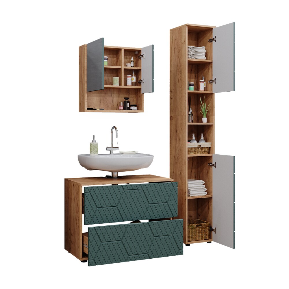 Vicco Badmöbel-Set Irma Eiche Grün 3-teilig Hochschrank Waschbeckenschrank 80 cm