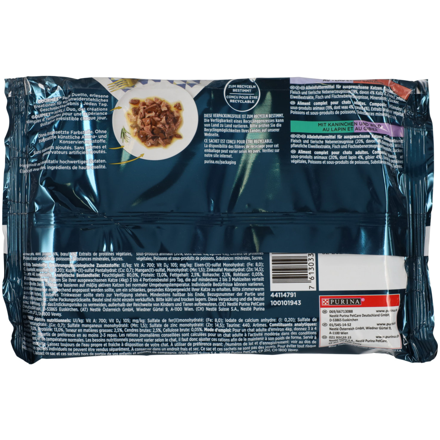 GOURMET Perle Duetto, nasses Alleinfuttermittel für ausgewachsene Katzen, 85g Portionsbeutel