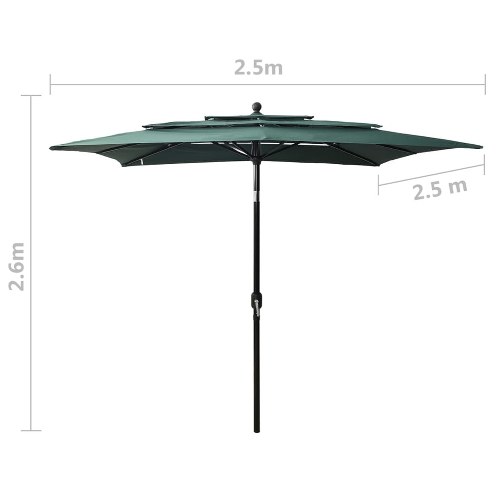 Parasol à 3 niveaux avec mât en aluminium 2,5 x 2,5 m vert