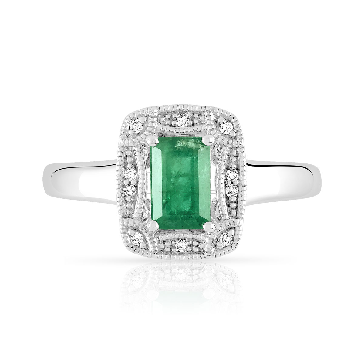 Bague argent 925 rectangulaire émeraude et diamants