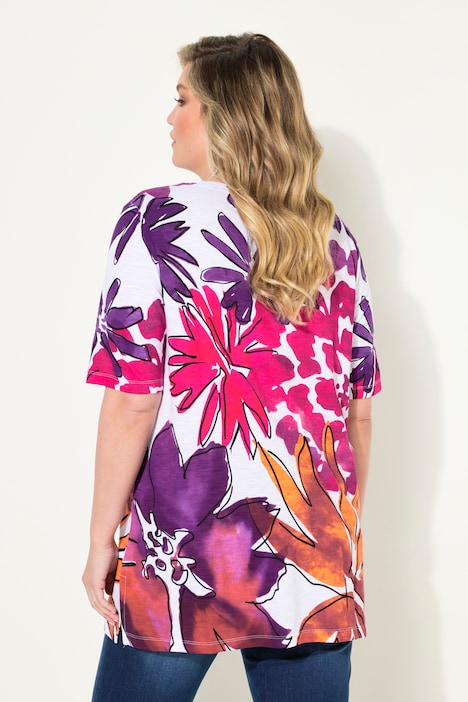 T-Shirt, A-Linie, Blumen-Druck, V-Ausschnitt