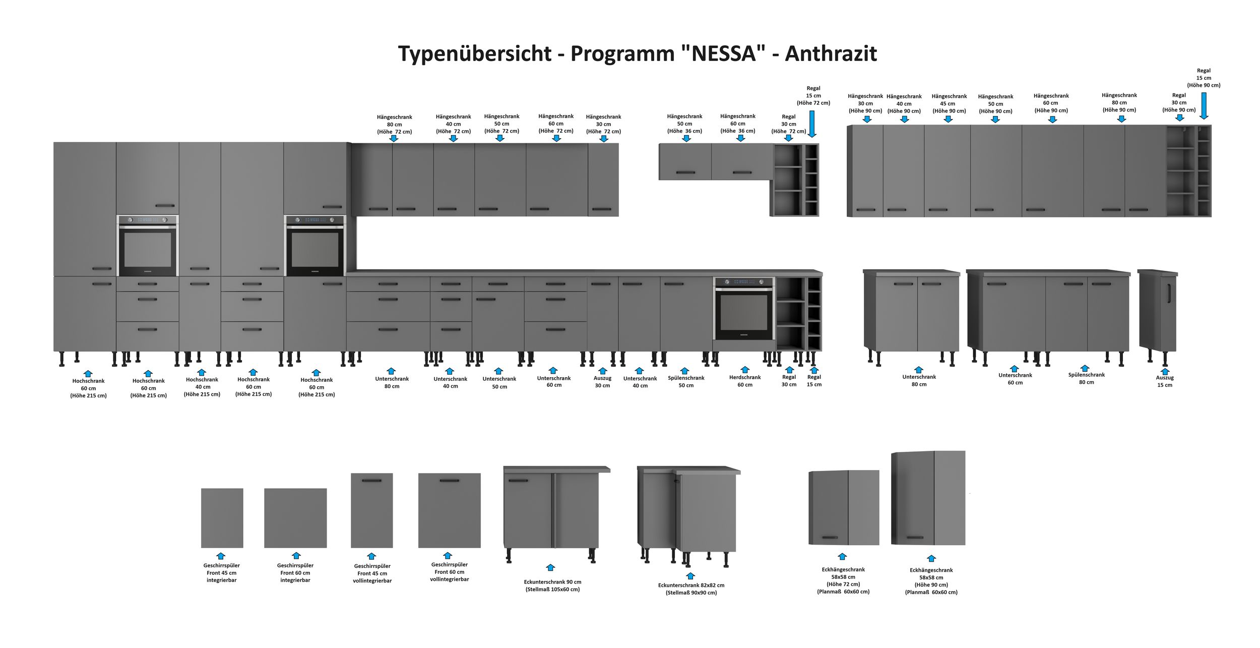 Küche NESSA Eckhängeschrank 60X60 Anthrazit Küchenzeile Küchenblock Einbauküche