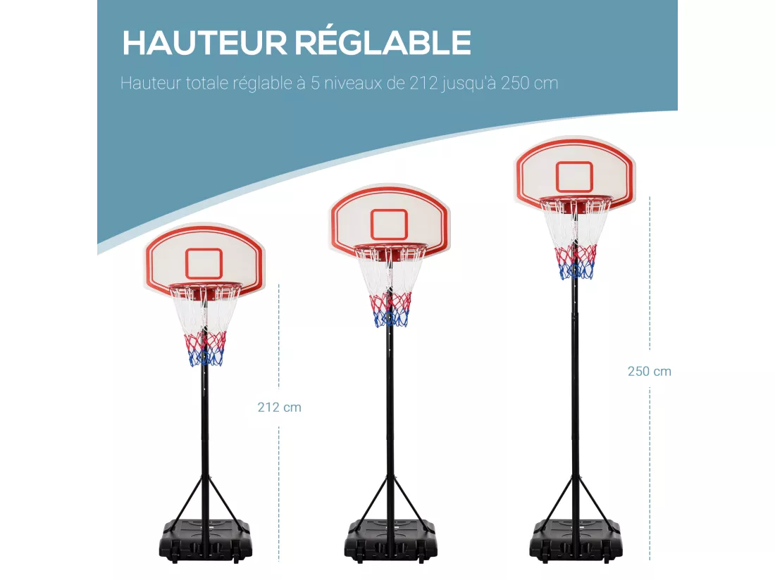 Panier de Basket-Ball sur pied avec poteau panneau, base de lestage sur roulettes hauteur réglable 2,1 - 2,5 m noir blanc