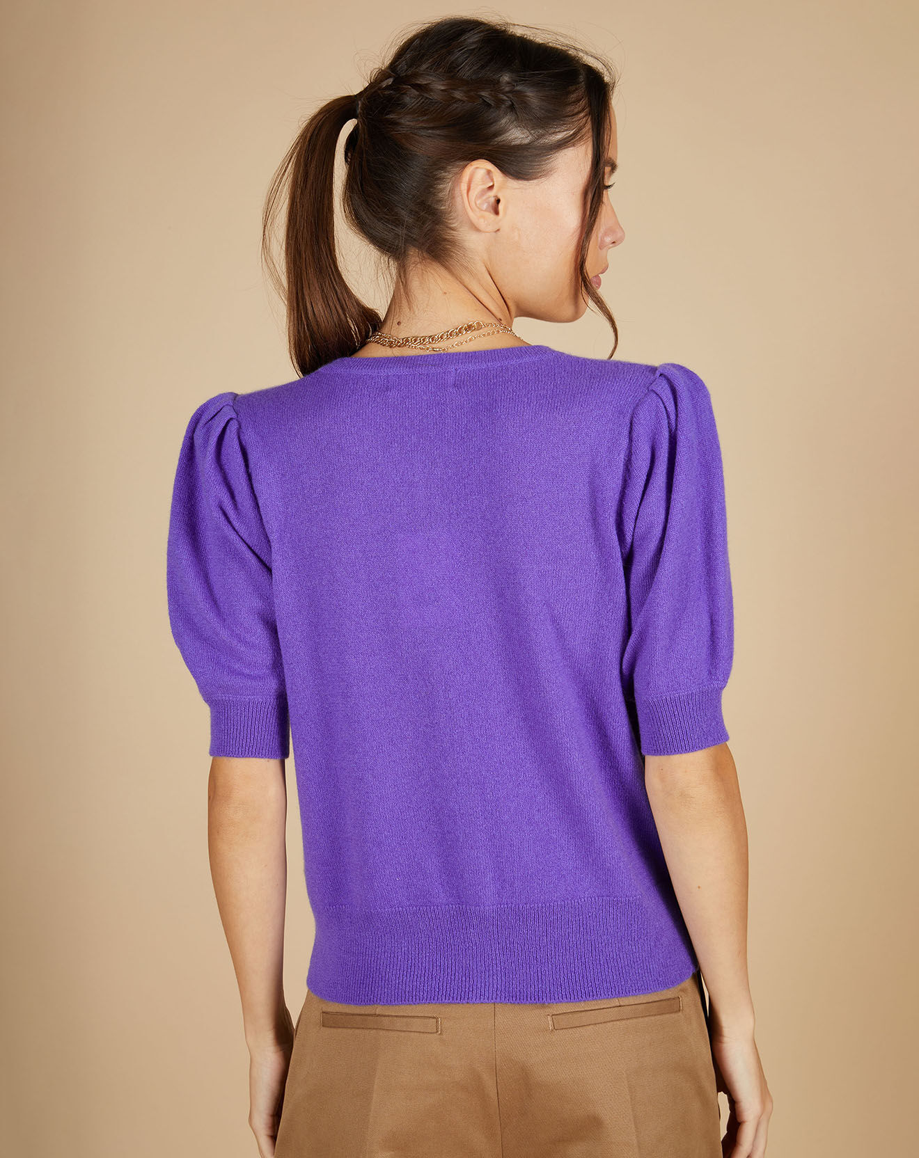 Cashmere Tribu Cardigan 100% Cachemire Claire manches ballon violet