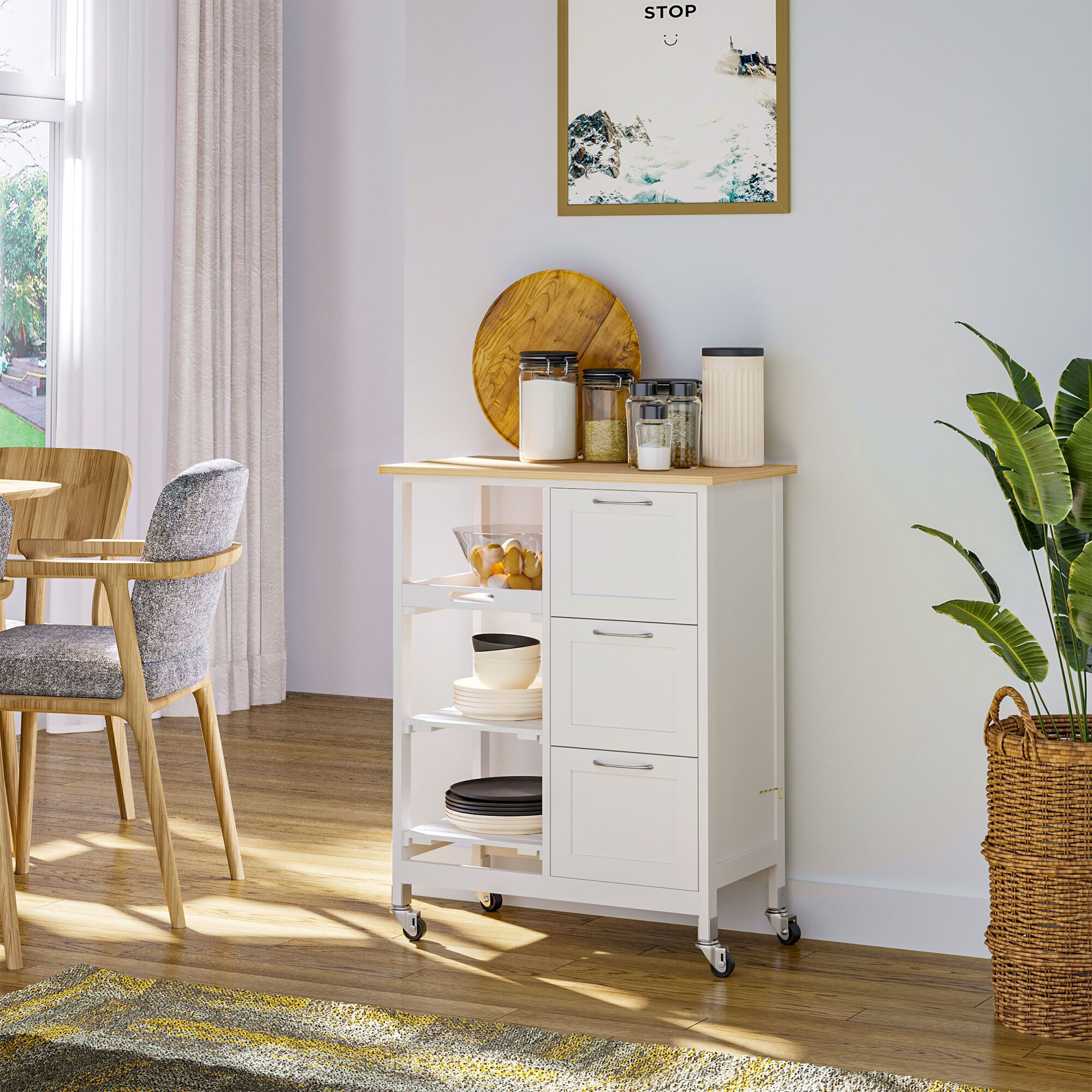 HOMCOM Küchenwagen mit drei großen Schubladen und 3 Ablagefächern natur, weiß 67L x 37B x 84H cm