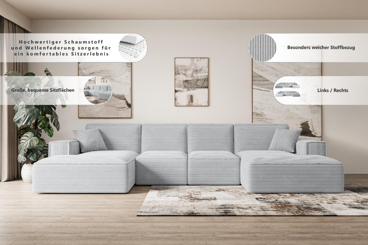 ALTDECOR Ecksofa in U-Form Corner Sofa Bett Eckcouch Couch L-Form Wohnlandschaft Cauchsofa Sierra-U - 349x169x80 cm Beige
