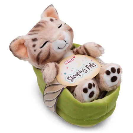 NICI Kuscheltier Katze Bengal 12cm schlafend im Körbchen hellgrün GREEN