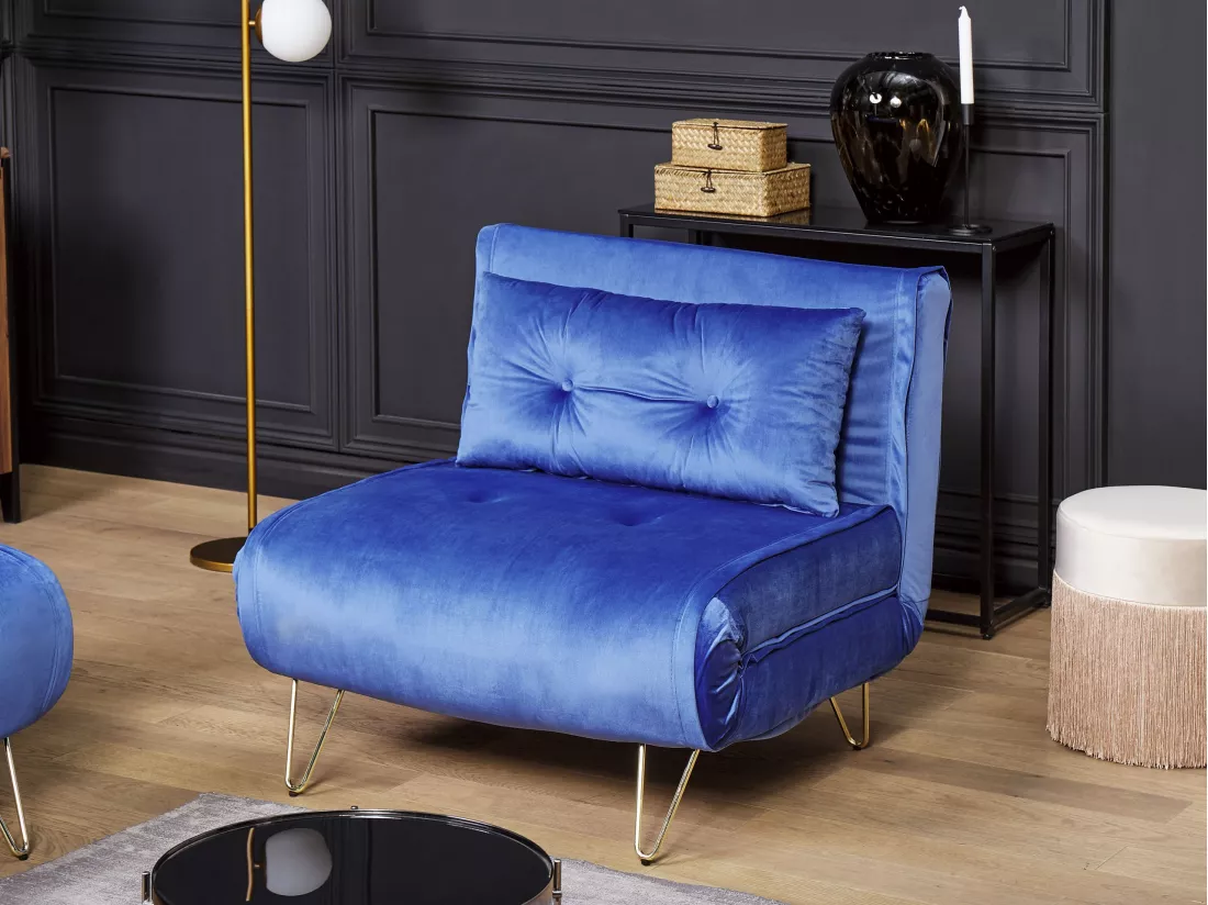 Banquette convertible 1 place en velours bleu marine VESTFOLD